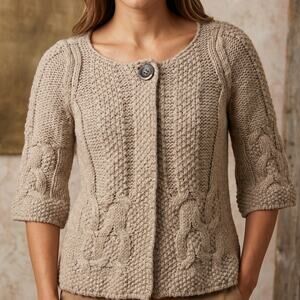Silvia Novelli Women’s Cardigan Sweater Italy Chunky Alpaca Wool Boho Beige M